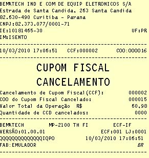 Cupom Fiscal Cancelado.