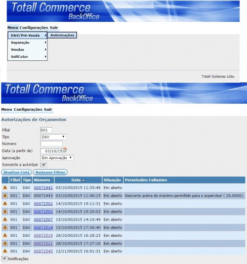 Tela DAV/Pré-venda >> Autorizações.